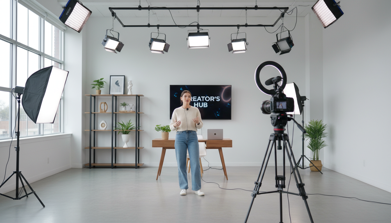 Content creator filming video in professional studio with modern equipment and bright lighting