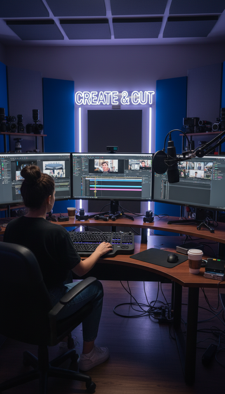 Content creator editing social media videos on multiple monitors